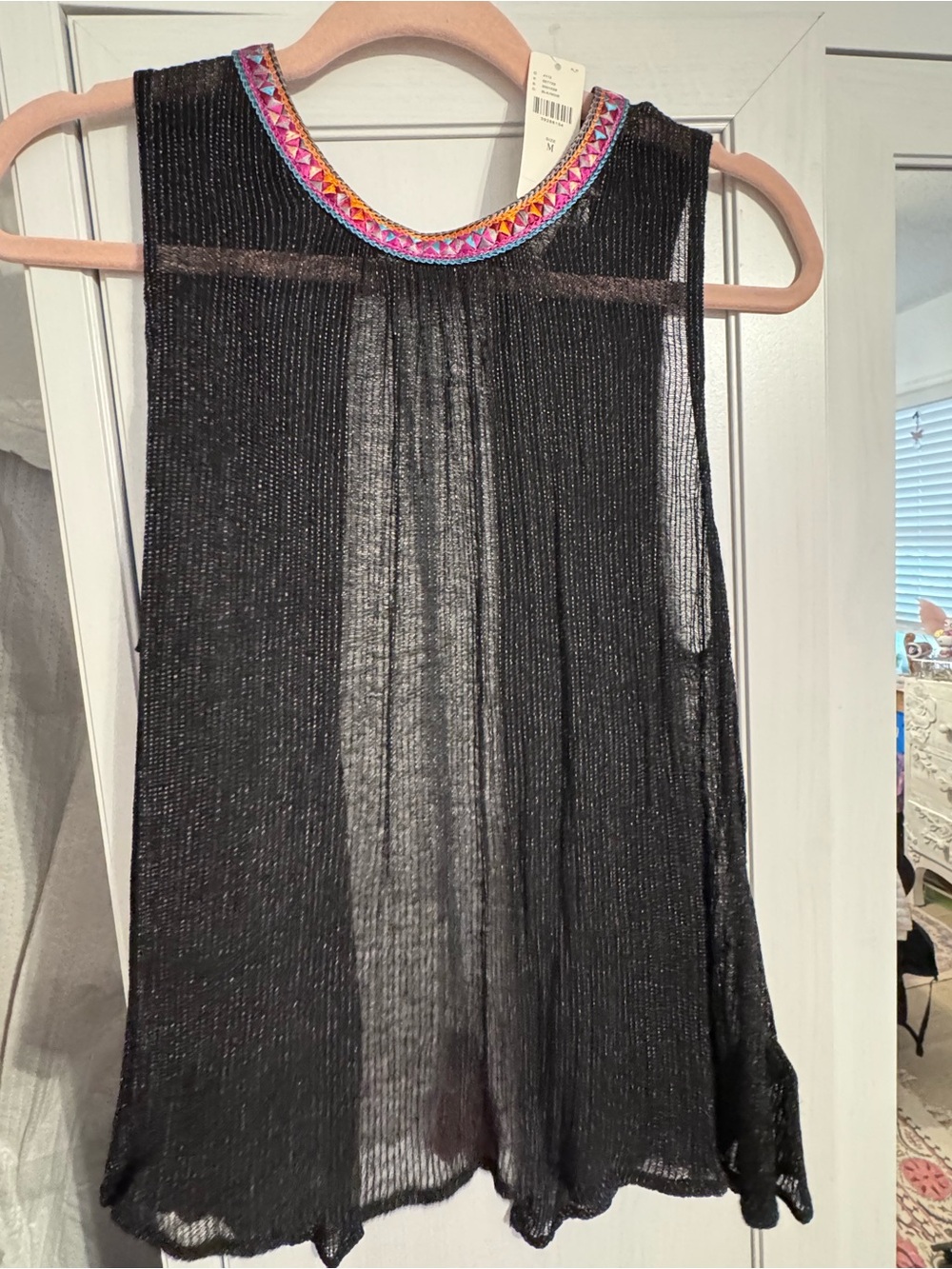 Anthropologie Black Sheer Tank with Colorful Embroidered Neckline
